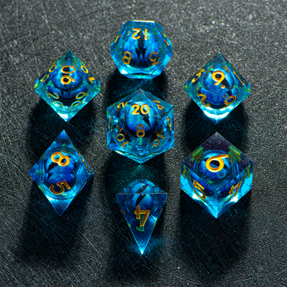 D&D Floating Dragon's Eye Liquid Heart Resin Engraved Dice Set Blue