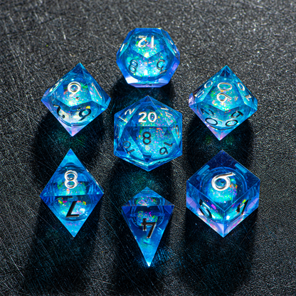 D&D Starry Liquid Heart Resin Engraved Dice Set Blue