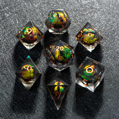 D&D Floating Dragon's Eye Liquid Heart Resin Engraved Dice Set Black