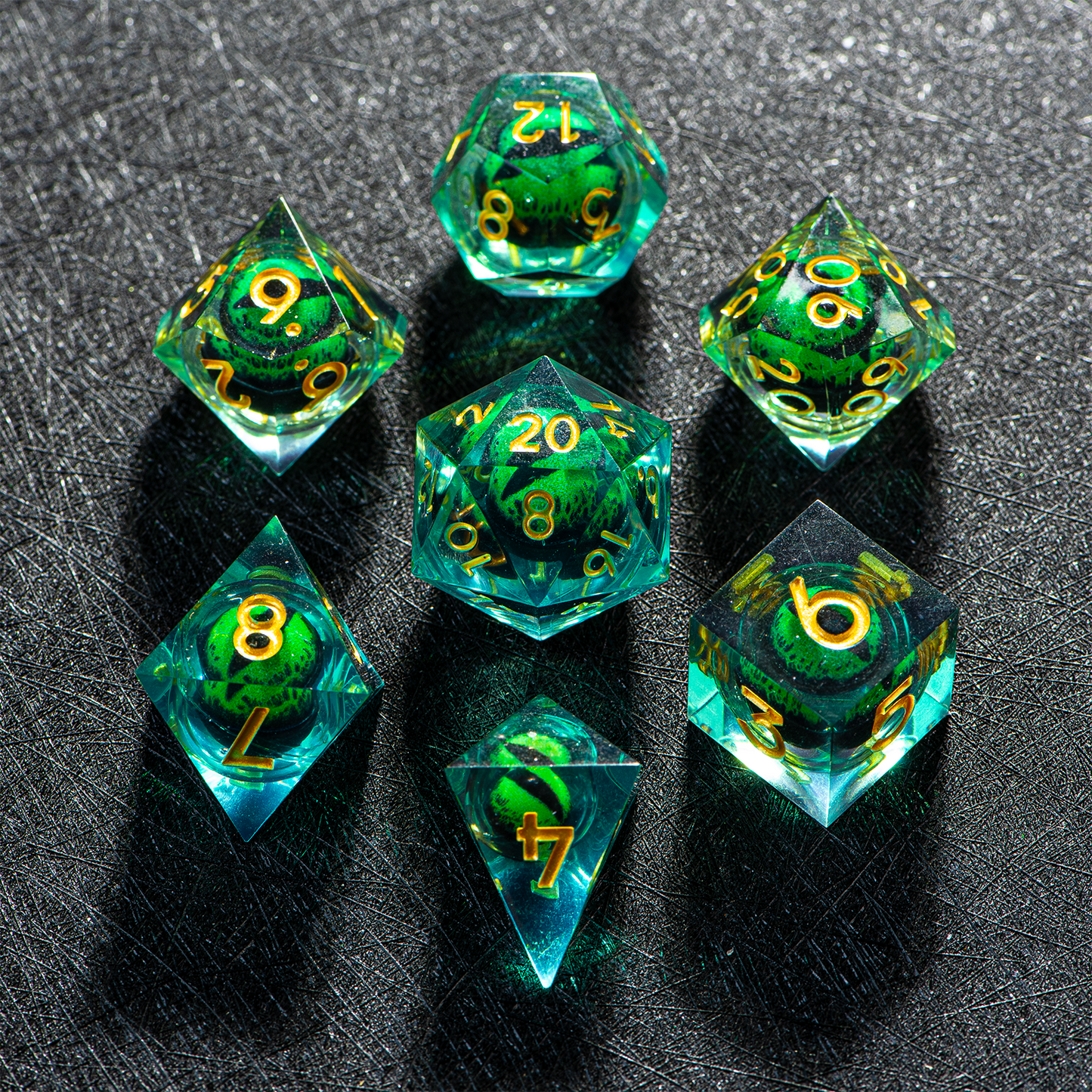 D&D Floating Dragon's Eye Liquid Heart Resin Engraved Dice Set Green