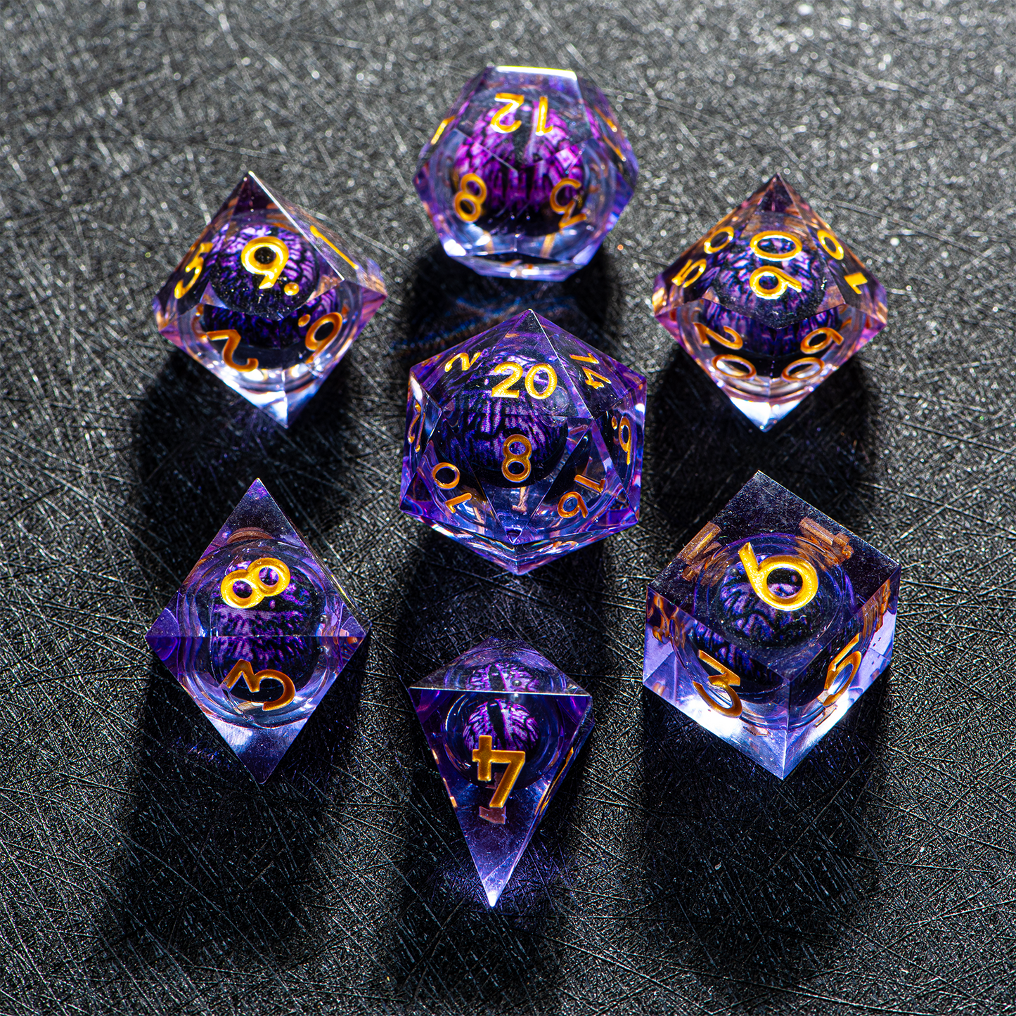 D&D Floating Dragon's Eye Liquid Heart Resin Engraved Dice Set Purple