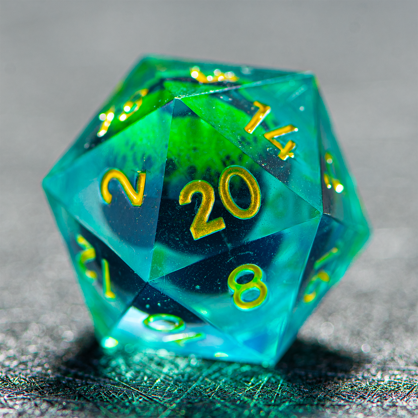 D&D Floating Dragon's Eye Liquid Heart Resin Engraved Dice Set Green