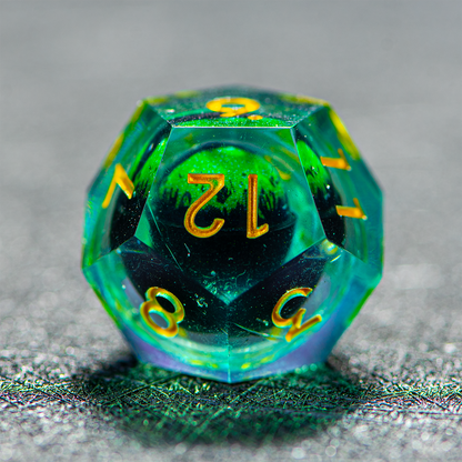 D&D Floating Dragon's Eye Liquid Heart Resin Engraved Dice Set Green