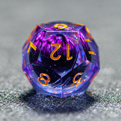 D&D Floating Dragon's Eye Liquid Heart Resin Engraved Dice Set Purple