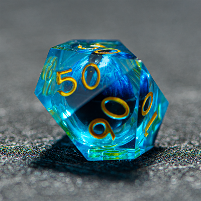 D&D Floating Dragon's Eye Liquid Heart Resin Engraved Dice Set Blue