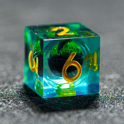 D&D Floating Dragon's Eye Liquid Heart Resin Engraved Dice Set Green