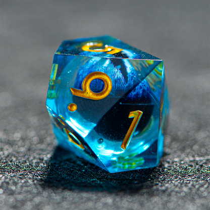 D&D Floating Dragon's Eye Liquid Heart Resin Engraved Dice Set Blue