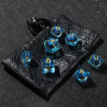 D&D Floating Dragon's Eye Liquid Heart Resin Engraved Dice Set Blue