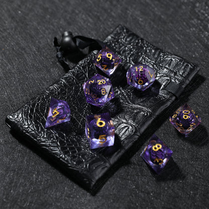 D&D Floating Dragon's Eye Liquid Heart Resin Engraved Dice Set Purple