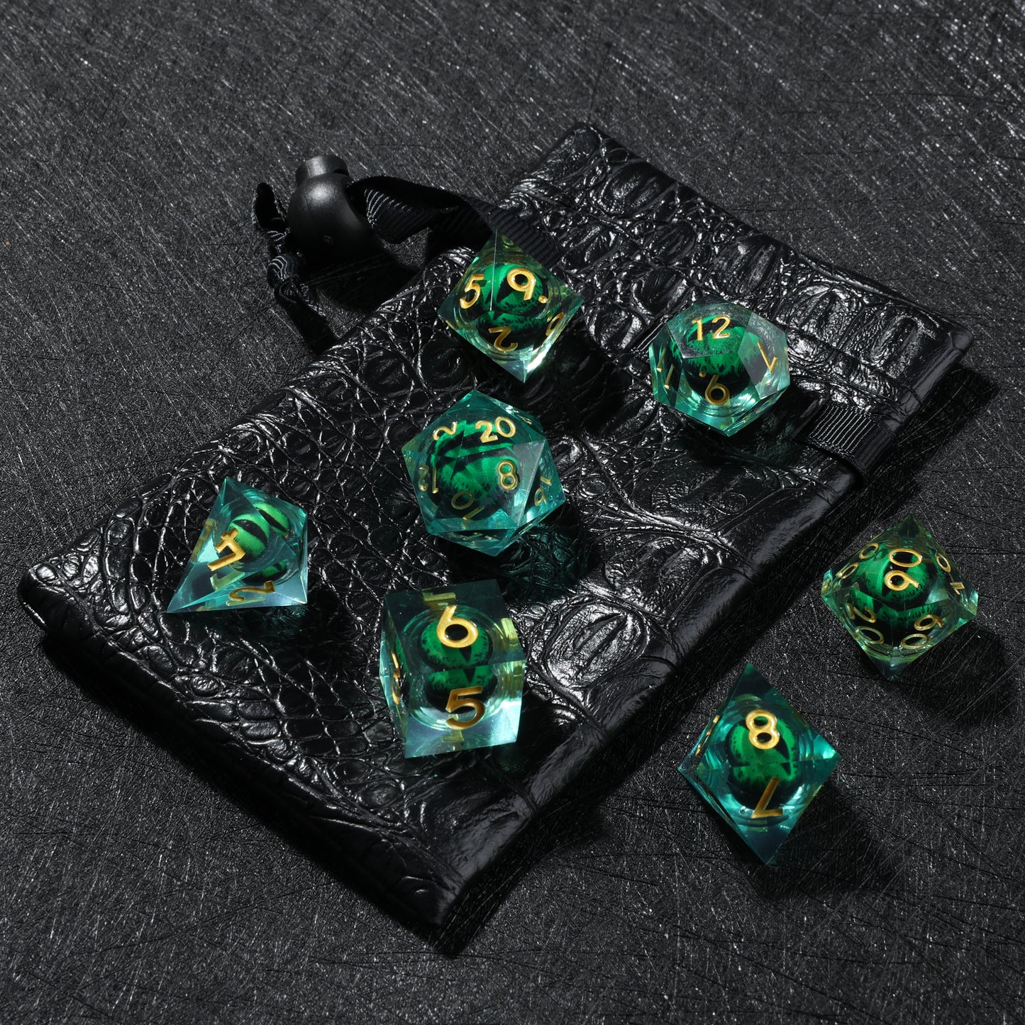 D&D Floating Dragon's Eye Liquid Heart Resin Engraved Dice Set Green