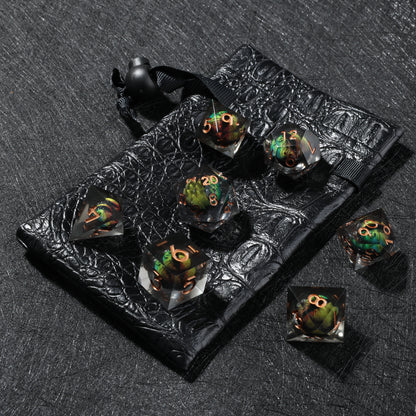 D&D Floating Dragon's Eye Liquid Heart Resin Engraved Dice Set Black