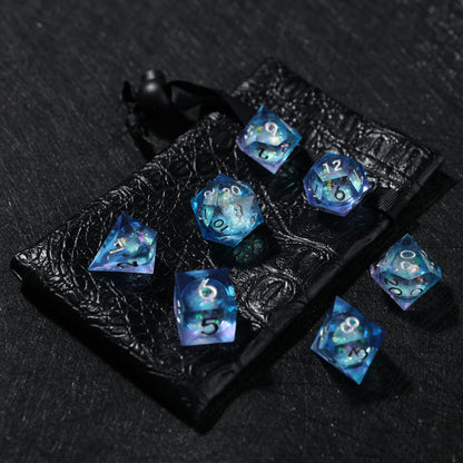 D&D Starry Liquid Heart Resin Engraved Dice Set Blue