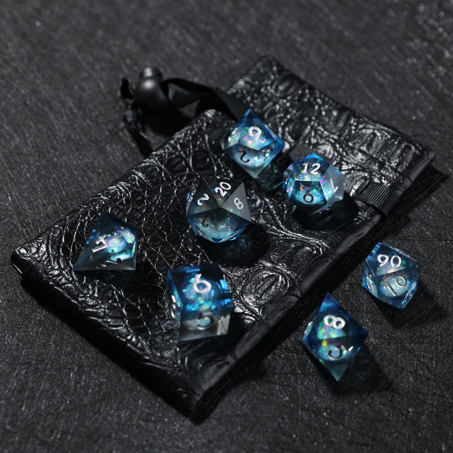 D&D Starry Liquid Heart Resin Engraved Dice Set Black