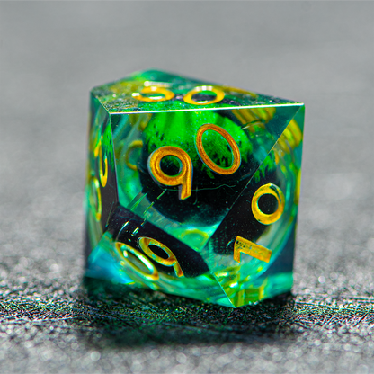 D&D Floating Dragon's Eye Liquid Heart Resin Engraved Dice Set Green