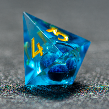 D&D Floating Dragon's Eye Liquid Heart Resin Engraved Dice Set Blue