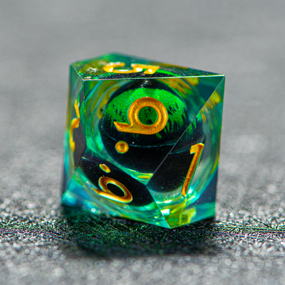 D&D Floating Dragon's Eye Liquid Heart Resin Engraved Dice Set Green